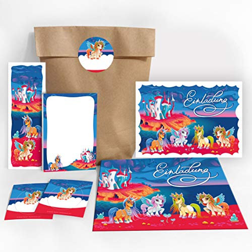 JuNa-Experten 6 Einladungskarten für Kindergeburtstag Mädchen Einhorn Unicorn incl. 6 Umschläge, 6 Tüten/natur, 6 Aufkleber, 6 Lesezeichen, 6 Blöcke