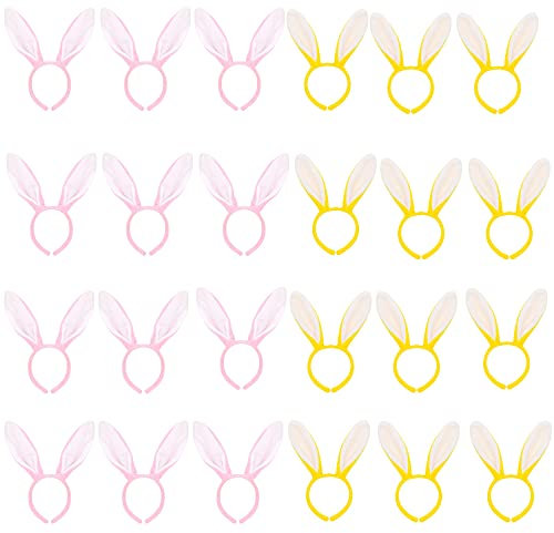 Juego de 12 orejas de conejo rosas + 12 pares de orejas de conejo amarillas y 12 pares de orejas de conejo amarillas – Juego de accesorios para disfraz de caza de huevos de Pascua