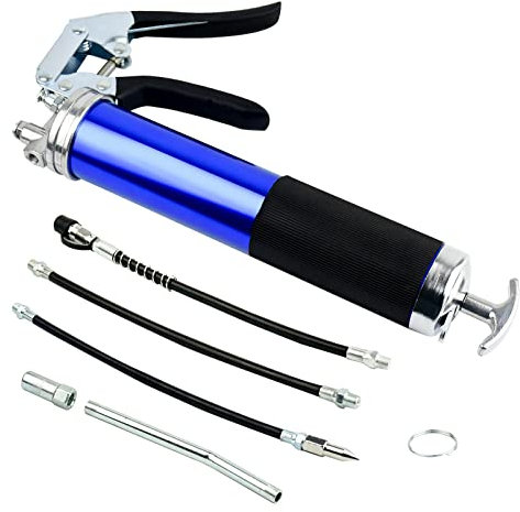 Kikuo Fettpresse für Schmiernippel, Einhand Fettpresse Pistolengriff, 600 cc Blaue Grease Gun 14 Unzen mit 13,6-Zoll-Flexschlauch, 8000 PSI