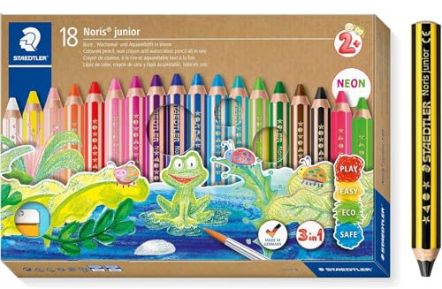 STAEDTLER 3in1 Buntstifte und Kinder Bleistift Noris junior, Bunt-, Wachsmal- und Aquarellstift, sehr dicke Mine, extra bruchsicher, ideal für Kinder, 18 Farben, Spitzer und Bleistift, 140 C18P1X