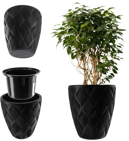 KADAX Blomkruka med insats och handtag, planteringslåda av plast i 5 storlekar UV-resistent väderbeständig hög med 3D-effekt (svart, 39 cm)
