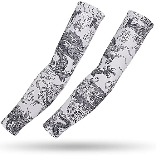 DETUCK Tattoo Ärmel Ärmlinge Arm Ärmel, Armwärmer Sleeves UV Sonnenschutz Armstulpen, Arm Sleeves Kühlung UPF 50+, Kompressions Tattoo Cover Armstulpen (ein Paar) (Grau Neun Drachen, L)