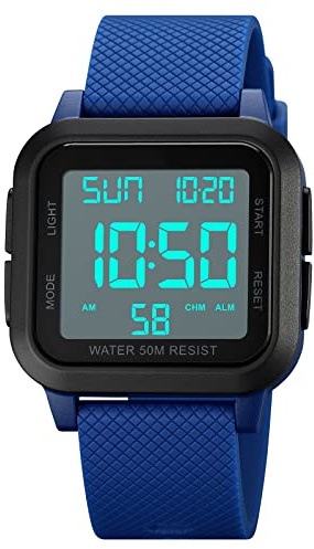 BIEWO Forrader Herren Digitale Sportuhr, Multifunktions-Armbanduhr, große Zahlen, großes Zifferblatt, Dual-Time, wasserdicht, Outdoor-Silikon-Armbanduhr für Herren/Jungen/Studenten, blau-weiß