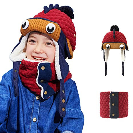 Teechodina Kinder Wintermütze Schal Set Mädchen Strickmütze Babymütze Kinder Mütze Set Baby Mütze Warme Winter Beanie Hut Jungen Runder Schal Set für Kinder 3-8 Jahre, Dinosaurier, 3-6 Jahr