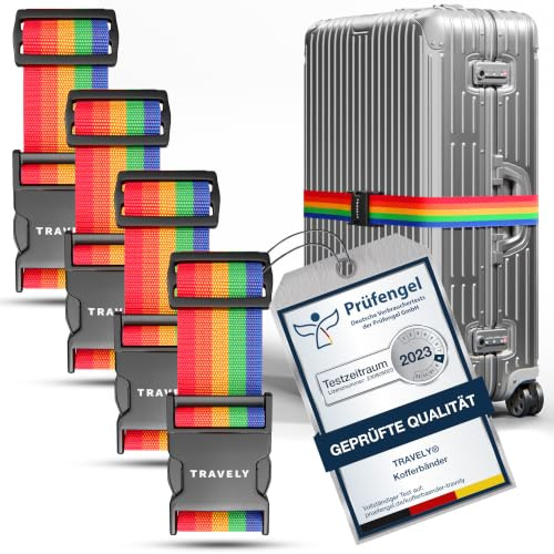 Travely® Premium Koffergurt - Besonders Auffällig & Sicher - Inkl. 4 Namensschildern - Gepäckband ideal über Kreuz - [4er Set] - Regenbogen