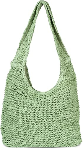 styleBREAKER Damen Beuteltasche Papierstroh Flecht | 42x34x6 cm Hauptfach mit Reißverschluss, kleines Innenfach, feste 63 cm lange Tragehenkel für die Schulter, Boho Style.