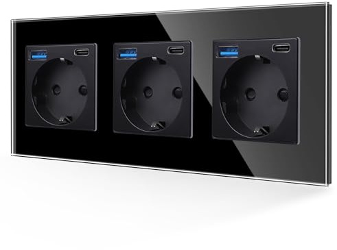 JIMEIDA Steckdose mit USB 20W Schnelles Laden Schwarz, 3 Fach 16Amp Glas Schuko Steckdosen mit USB Anschluss und Typ C Port, 228 * 86mm, 250V