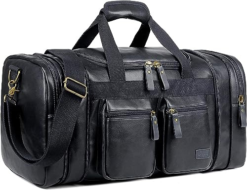 BAOSHA läder resa duffel helg väska handbagage sovsäck sportväska för män och kvinnor HB-21, svart, travel duffel