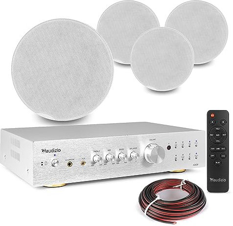 Power Dynamics 2-Zone Multi Room Ceiling Speaker System with Bluetooth for Home & Commercial Audio Installation - 4x FCS8 8 Ceiling Speakers, AD420A Amplifier & Speaker Cable