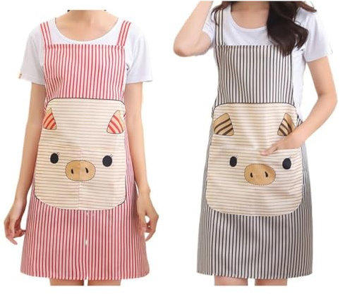 Leadigol Schwein Muster Schürze mit Taschen Küche Arbeitskleidung Öldicht Cartoon Schürze Reinigungswerkzeug Streifen Küche, farbe, Größe