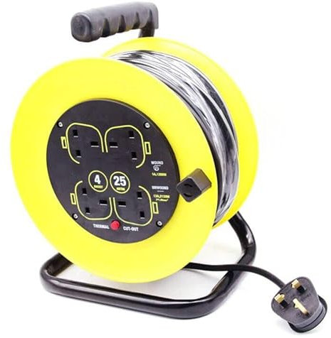 13A Electrical Extension Reel, 4 Sockets Cable Reel with Winding Handle Thermal Cut Out, Heavy-Duty Extension Lead with 25 Metre Extension Cord - Yellow