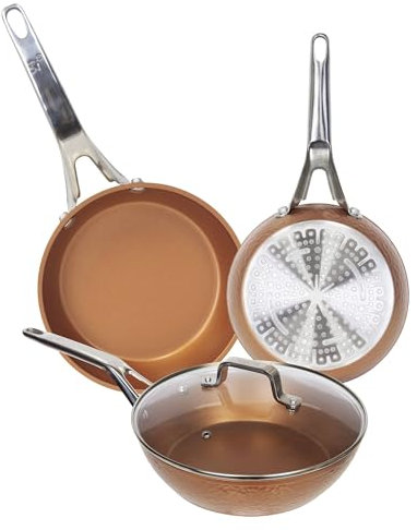 Colección Origen: set de 2 Sartenes, 16 y 28 cm, y sartén honda CON tapa de vidrio, 26 cm, aluminio forjado, aptas para inducción