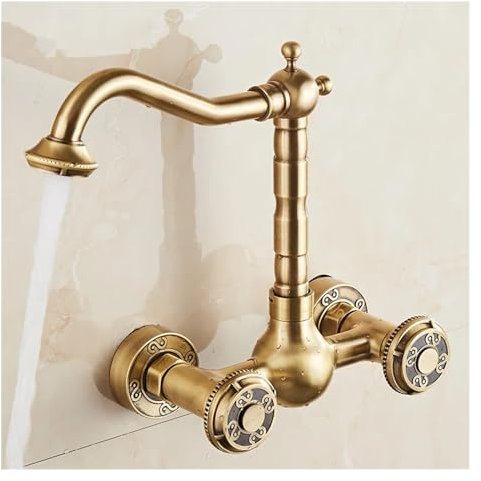 Grifo mezclador for lavabo de baño, grúa de montaje en pared, giratorio de 360 ​​grados, latón antiguo, doble manija, caliente y frío (Color : SLT069L, Size : Brass)