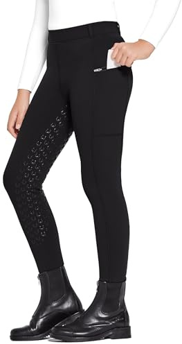 FitsT4 Sports WinterReithose Kinder Winter Reitleggings Mädchen Silikon Vollbesatz Thermo Reithose mit Handytasche und Taschen,Schwarz,M