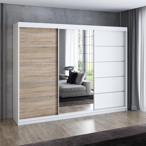 A&J MöbelLand Schwebetürenschrank VILUNO 1 Kleiderschrank 3-türig 200 cm mit Spiegel, 4 Schubladen & 2 Kleiderstangen, Geräumiger Schlafzimmerschrank (Weiß/Sonoma)