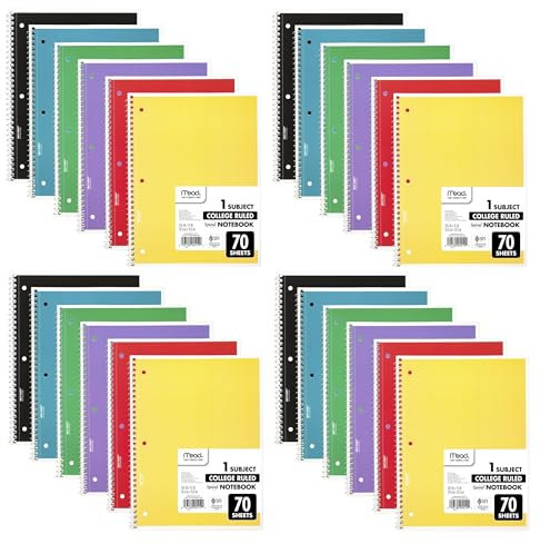 Mead Spiral Notebooks, 24 Pack, 1 Subject, College Ruled Paper, 7-1/2 x 10-1/2, 70 Sheets per Notebook, Colors Will Vary (830062-ECM25)