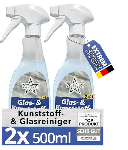Ricostar 2in1 Glas- & Kunststoffreiniger 2x500 ml – Scheibenreiniger für streifenlosen Glanz & Sauberkeit – Glasreiniger für Fenster, Spiegel, Autoscheiben & Kunststoffflächen – Effektiv gegen Schmutz