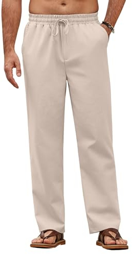 COOFANDY Men's Casual Pants Elastic Waist Drawstring Lightweight Trousers Summer Beach Chinos Loose Fit with Pocket Beige M