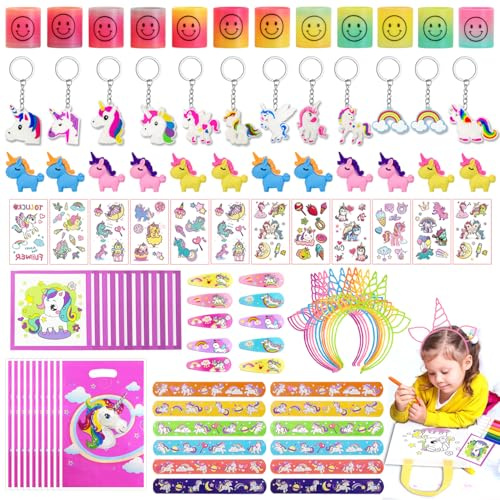 Qcdou 84 Stück Einhorn Deko Party Mitgebsel Kindergeburtstag Mädchen, Einhorn Geschenke, einhorn tattoos, Einhorn Haarspangen/Schlüsselanhänger, Schnapparmband Kinder, Geschenktüten(A-2)