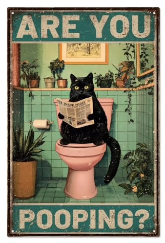 WADORN Cartello In Metallo con Gatto Divertente, Stai Facendo La Cacca Poster In Metallo Targa Vintage Gatto Nero Dipinto Toilette Bagni Poster Da Parete Targhe per Amanti Dei Gatti Toilette, 20x30cm