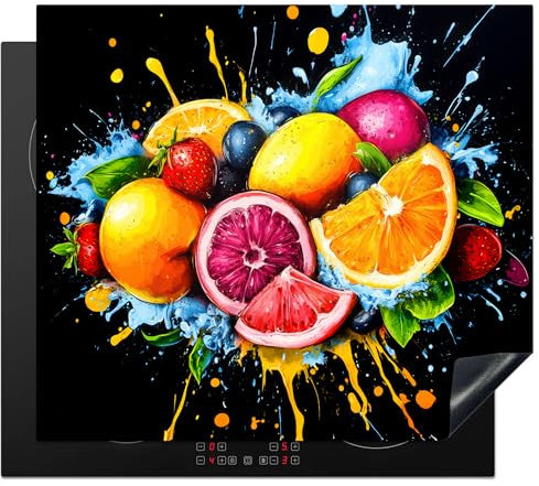 KitchenYeah© Protege Plaque Induction 60x52 cm Decoration Cuisine Tapis de Protection Pour Plan De Travail Cuisson Protégé Fruit - Graffiti - Coloré - Orange - Fraise - Abstrait