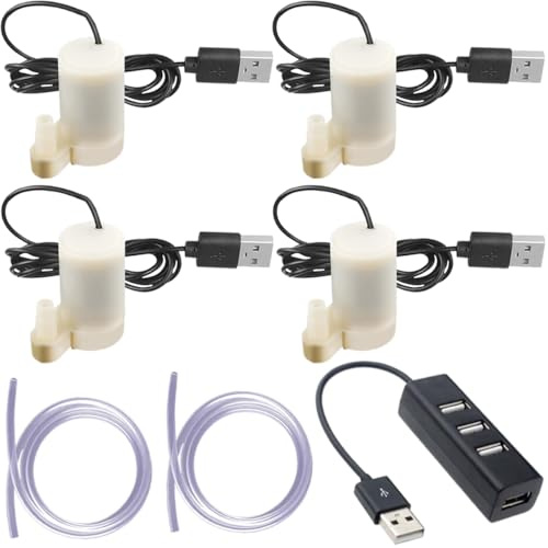 JYUDAUFU 4 Pcs DC 3-5V Vertical Water Pump Mini Electric Micro Submersible Motor with USB Port with Flexible Water Pipe(1M), for Aquariums/Fish Tank/Pond Fountain/Hydroponics Garden (4 White)