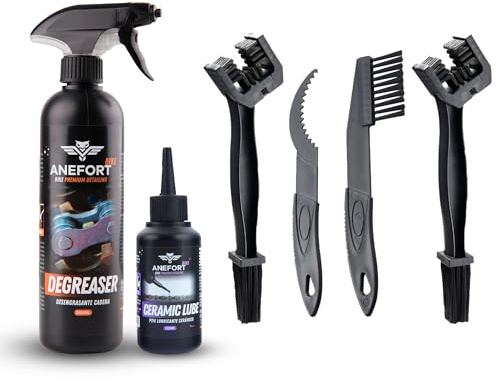 ANEFORT BIKE - Kit desengrasante cadena bicicleta - 6 en 1 Kit de Limpieza Bicicleta - Spray Limpiador Cadena Bicicleta 500 ml - Lubricante Ceramico 125 ml - Cepillos Limpieza Cadena