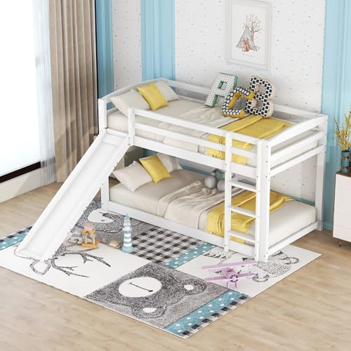 RIAZOS Etagenbett 90x200 für Kinder, Kinderbett mit Rutsche, Hochbett Stockbett mit 1 Lattenroste, Massivholzrahmen, ohne Matratze, Weiß