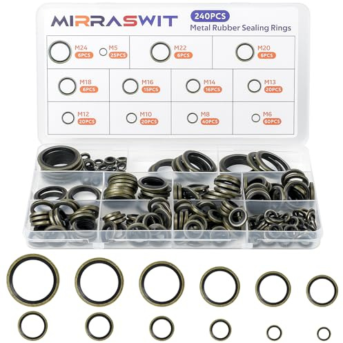 MirraSwit 240 Pezzi Rondella Olio Motore, M5-M24 Rondelle di Tenuta Incollate Compressione Tappo Scarico, Metallo Gomma Anello Di Tenuta per Tappo del Pozzetto per Riparazione Auto Guarnizioni