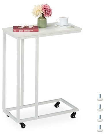 Relaxdays Beistelltisch C-Form, HBT: 79x60x30 cm, Rollen, Sesseltisch zum Unterschieben, Metall & MDF, Sofatisch, weiß