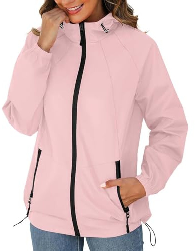 Windbreaker Dam jogging, regnrock dam ventilerande funktionell jacka dragkedjefickor enfärgad cykeljacka fritid collegejacka huva höstrock långärmad löparjacka sportjacka överdrag, ROSA, M