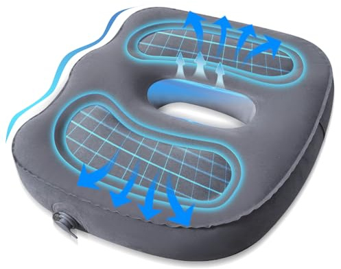 Jukibole Sitzkissen Orthopädisch, PVC Aufblasbares Orthopädisches Sitzkissen für Bürostuhl, Auto, Grau, 48*36*10cm, Ergonomisches Hämorrhoiden Sitzkissen, mit Loch, Sitzring Steißbein Entlastung