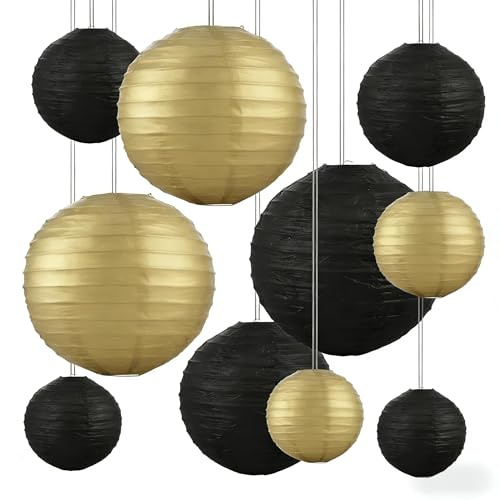 LOLYSIC 24 Stück Bunte Papierlaternen Lampions Papier Lampions Bunte Lampenschirm Papierlaterne Runde für Hochzeiten Gartenparty Geburtstage Verschiedene Größen von 10CM,15CM,20CM,25CM (Gold Schwarz)