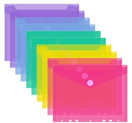 JEFURE A5 Dokumententasche, mit Klettverschluss, 10 Stück, 5 Farben | Durchsichtige Dokumentenmappe, Wasserabweisend, 7-Loch, für Dokumente Organisation, Büro und Schule