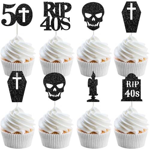 Fangleland 24Pcs Gothic-Themed 50th Birthday Decorations - Glitter Paper Rip 40s Cupcake Toppers for Gothic 50th Birthday Party Dessert Decor