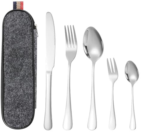 Travel Cutlery Set with Case – 5 PCS Stainless Steel Reusable Knife Fork Spoon Set for 1 – Mirror Polished Portable Travel Cutlery for Home Office Camping, Dishwasher Safe, Silver