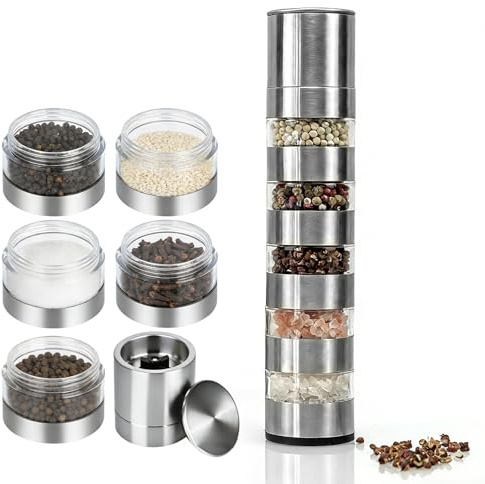 LINISITING 5-in-1 Gewürzstreuer, Mini Portable Spice Set, Refillable Camping Travel Spice Jars with Grinder and Shakers, View Window Labels, Kitchen Gadgets for Outdoor Picnic and Home Use