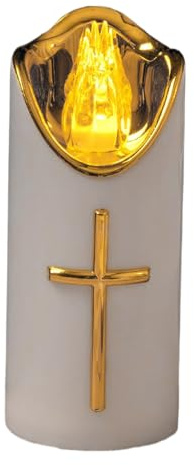 Generico Candela LED Senza Fiamma con Croce Dorata - Lume Funebre a Batterie Tremolante | Cero Commemorativo per Cimitero Chiesa Preghiera | Decorazione Religiosa Tomba Esterno Riutilizzabile