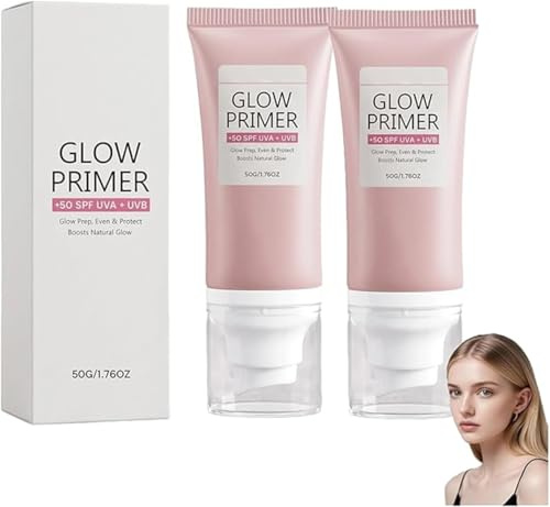 Glow Primer, Illuminating Make-up Base, SPF 50+, Moisturising Face Base, Make-up Base, Hydrating And Nourishing, Lightweight & Seamless, Long-Lasting Wear, for All Skin Types (2 Pcs)