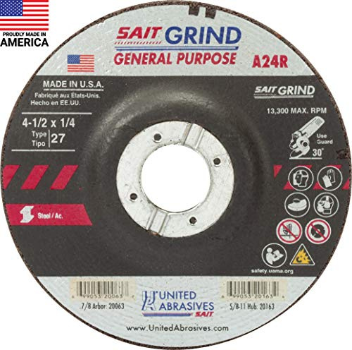 United Abrasives-SAIT 20063 A24R General Purpose/Long Life Grinding Wheel (Type 27/Depressed Center) 4 1/2 x 1/4 x 7/8, 25-Pack