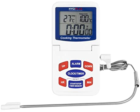 Hygiplas Digital Oven Thermometer with Programmable Alarm, 0°C to 300°C | Adjustable display angle offers easy viewing, with a clear tri-display for time, timer, and a Celsius to Fahrenheit switch.
