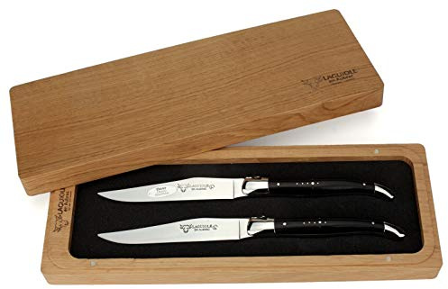 Laguiole en Aubrac - 2er Set Laguiole Steakmesser aus Frankreich - Griff Ebenholz- Stahl glänzend