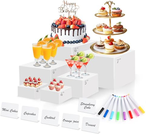 6 Pcs White Acrylic Buffet Risers with Mini Sign and Maker, Food Display Stands for Buffet Table Party Catering Dessert Jewelry Collectibles,Nesting Cube Boxes with Hollow Bottoms (8,7,6,5,4,4)