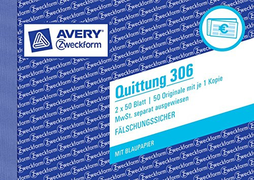Avery Zweckform 306 Quittung, DIN A6 quer, MwSt. separat ausgewiesen, fälschungssicher, 2x 50 Blatt, weiß (4er Pack)