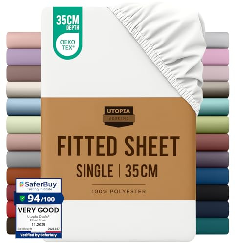 Utopia Bedding Fitted Sheet Single, White - Deep Pocket 14 inch (35 cm) - Easy Care - OEKO-TEX Certified - Soft Brushed Microfibre Fabric - Shrinkage and Fade Resistant - Bottom Sheet