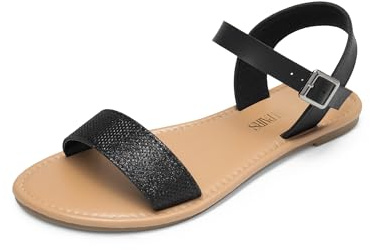DREAM PAIRS Women's Cute Open Toes One Band Ankle Strap Flexible Summer Flat Sandals HOBOO-New,Size 6,Black/Glitter,HOBOO-New