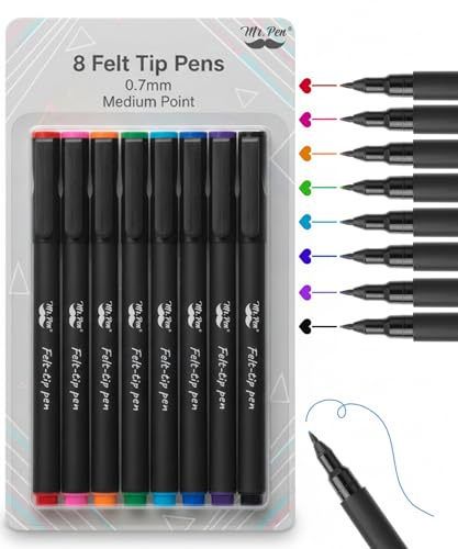 Mr. Pen Felt Tip Pens, Fine Point, Pack of 8, Fast Dry, No Smear, Assorted Colors, Journaling Pens, Planner Markers