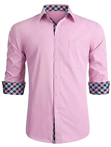 HISDERN Chemise Formelle pour Hommes décontractée à Manches Longues Chemises habillées Classiques boutonnées - Rose - XL
