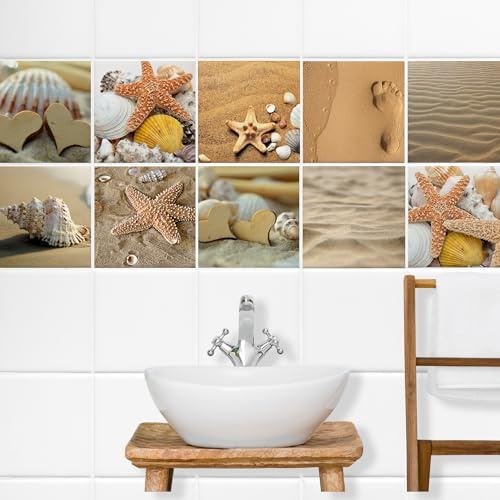 GRAZDesign Fliesenaufkleber Bad maritim Strand Braun Wandfliesen selbstklebend Klebefliesen - Strand mit Muscheln