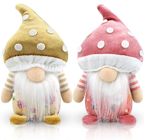 Godeufe 2-delat set vårgonk svamp tomtar plysch bondgård dekoration handgjord alf dvärg skandinavisk tomte för semester hem födelsedag dekor (brun och rosa)